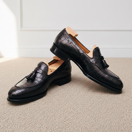 The Norwood Burnished Espresso alligator-embossed leather tassel loafers by Halford