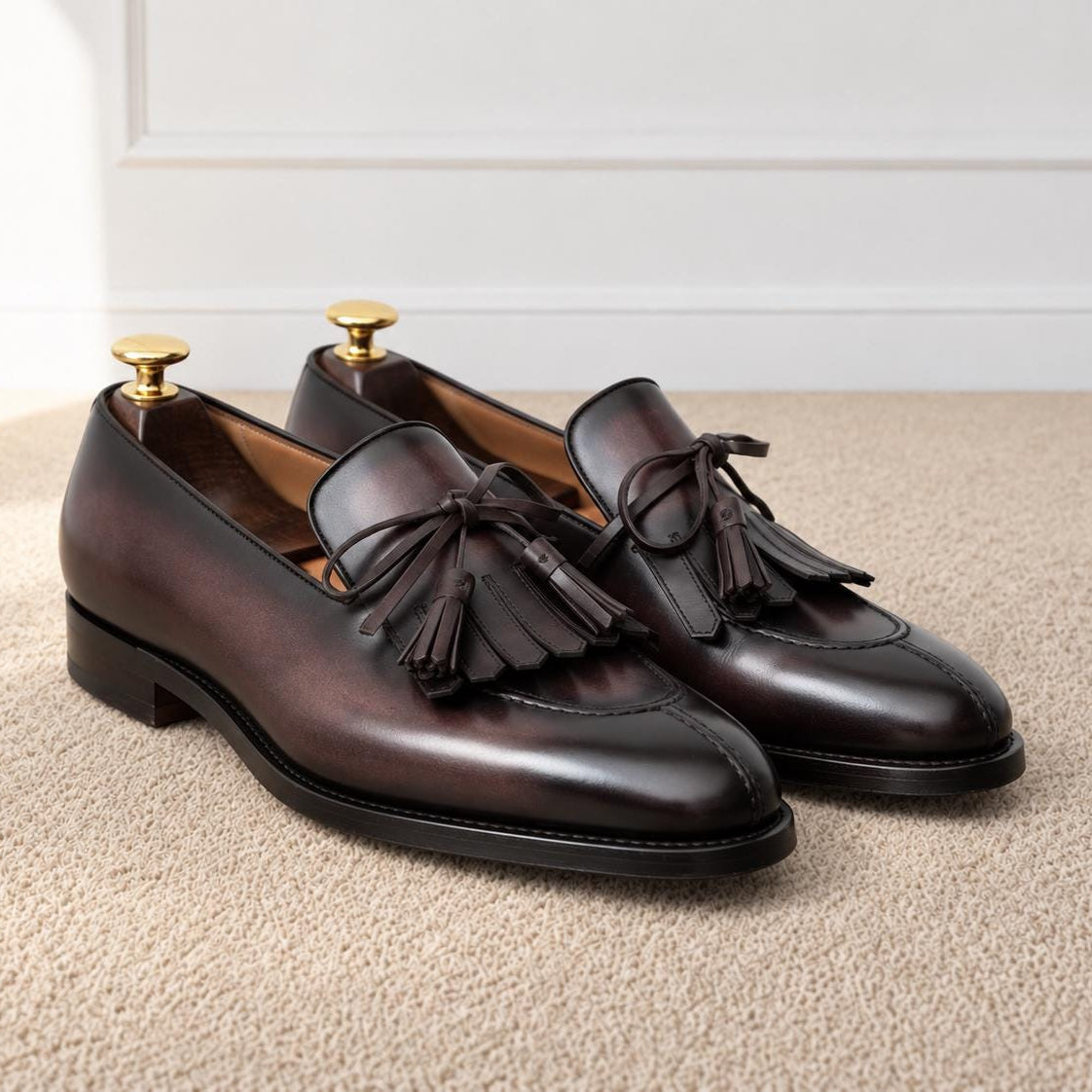 The Ellington Burnished Mahogany leather kiltie tassel loafers by Halford