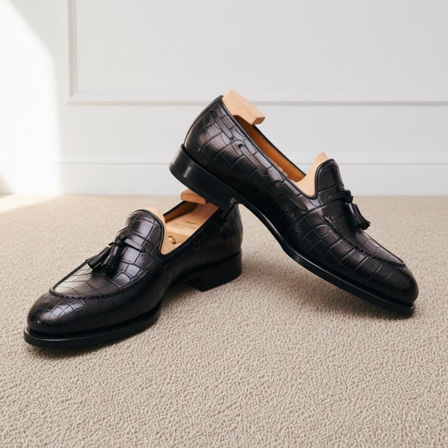 The Norwood Burnished Espresso alligator-embossed leather tassel loafers by Halford