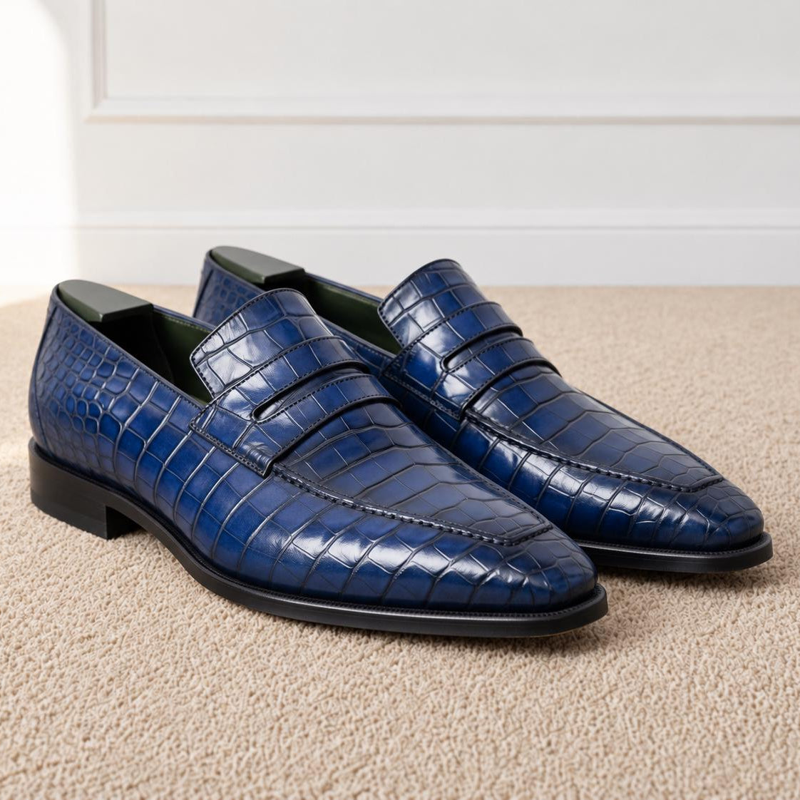 The Whitmore Sapphire Navy alligator-embossed leather penny loafers by Halford