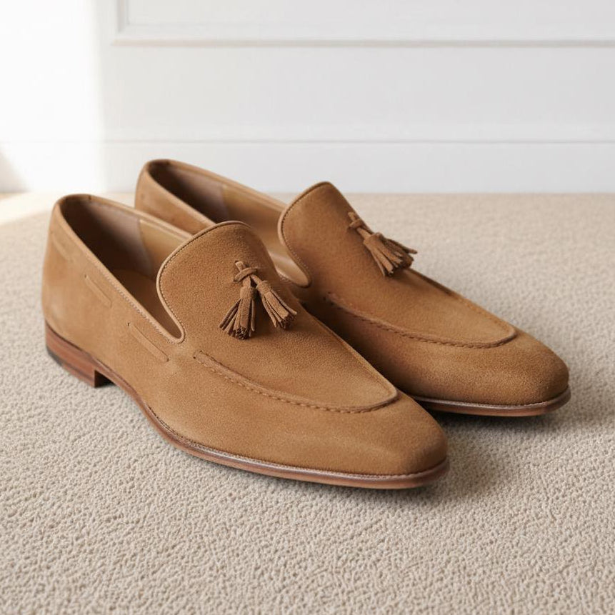 The Beaumont Tobacco Tan suede tassel loafers by Halford